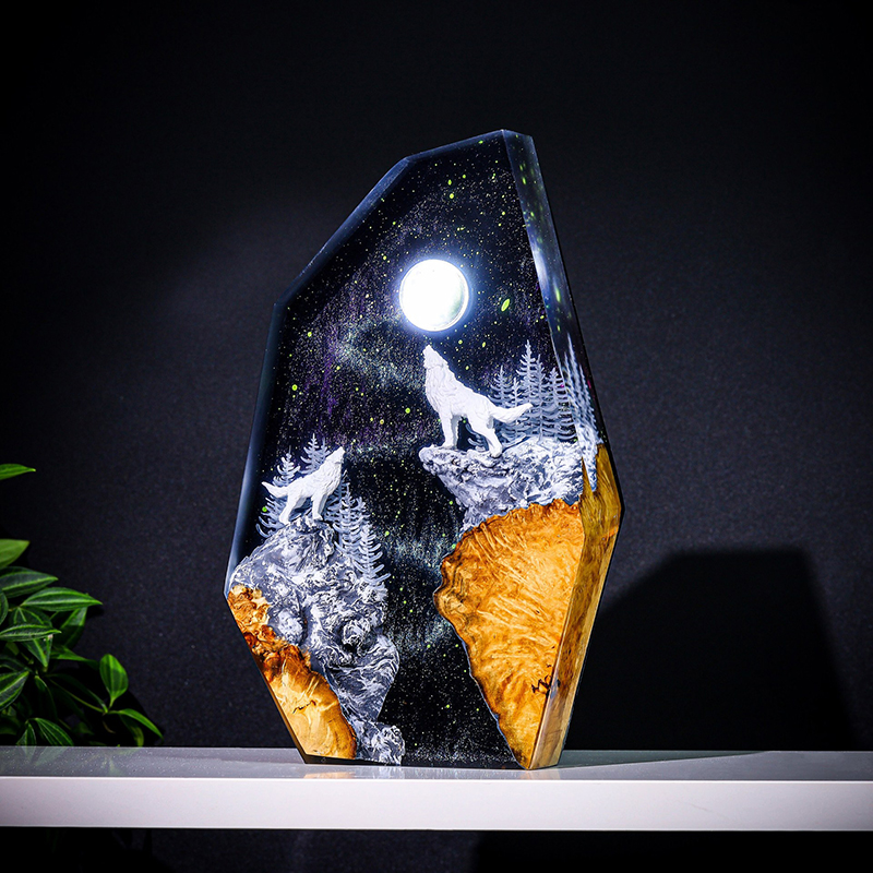 Resin Art Baby - 自然動物フィギュア生物樹脂製テーブルライトクリエイティブアートデコレーション雪の夜オオカミの鳴き声ナイトライトUSB充電式