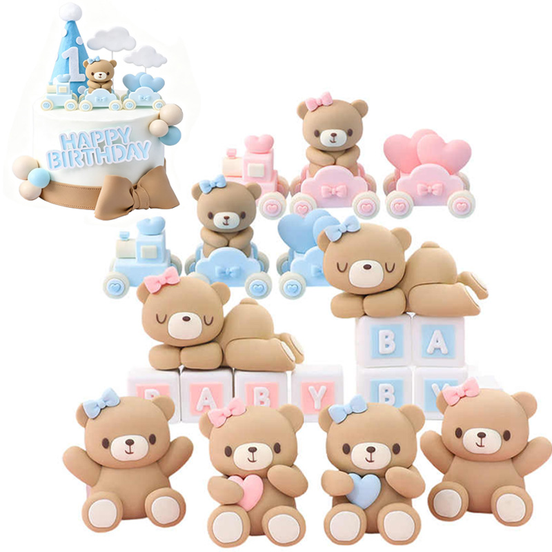 Resin Art Baby - 3Dピンクブルーのクマのケーキトッパー 誕生日ケーキデコレーション 男の子 女の子 誕生日パーティー ジェンダーリビール