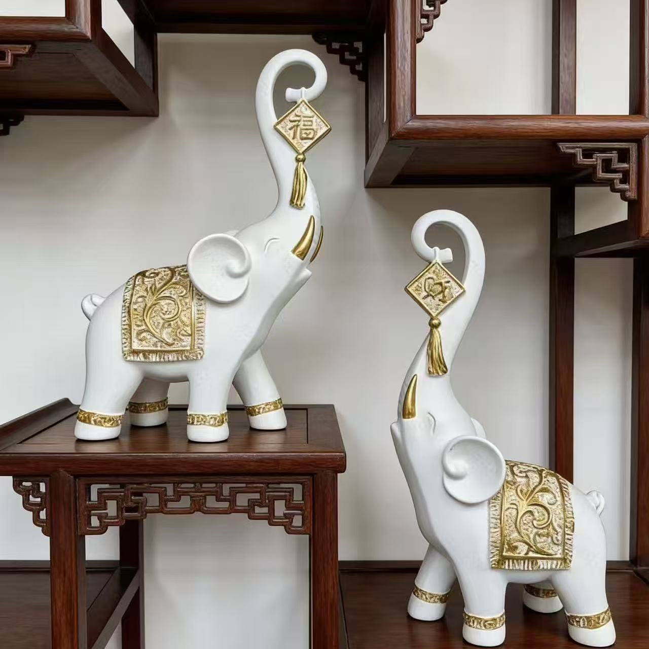 Resin Art Wedding Gift - 1 ペア中国風幸運の象の鼻の置物家の装飾動物樹脂象像アート工芸品装飾品ギフト