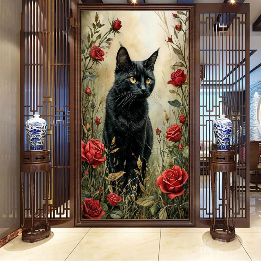 赤黒猫大型DIYダイヤモンドアート絵画動物ローズフルスクエア - Resin Art Rose のレビューと価格